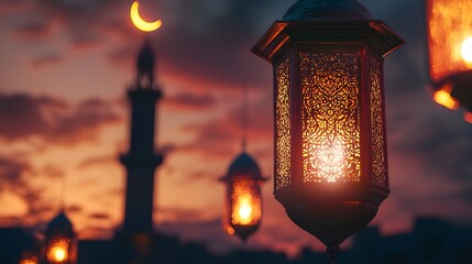 A beautiful lantern glowing at sunset with a crescent moon and mosque silhouette in the background, representing the spiritual essence of Ramadan