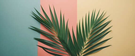 Obraz premium Green palm leaves on a pastel backdrop featuring mint green, peach, and yellow colors arranged in a minimalist style.