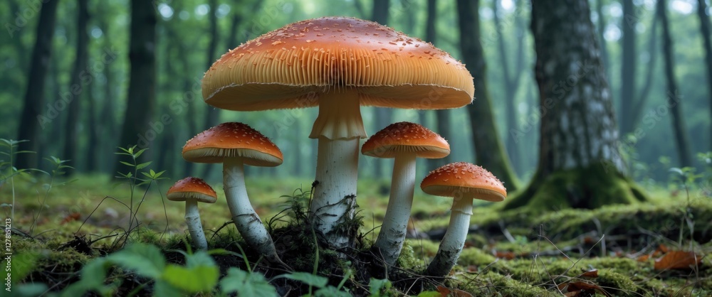 Poster group of colorful mushrooms in a lush green forest with soft focus on the background and detailed te