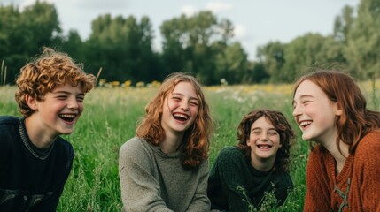 Joyful siblings laughing together outdoors in sunny field