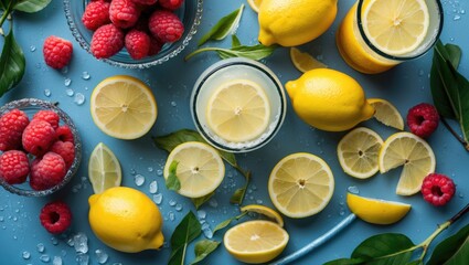Fresh lemons and raspberries arranged on a blue background with ice and green leaves for a vibrant summer composition.