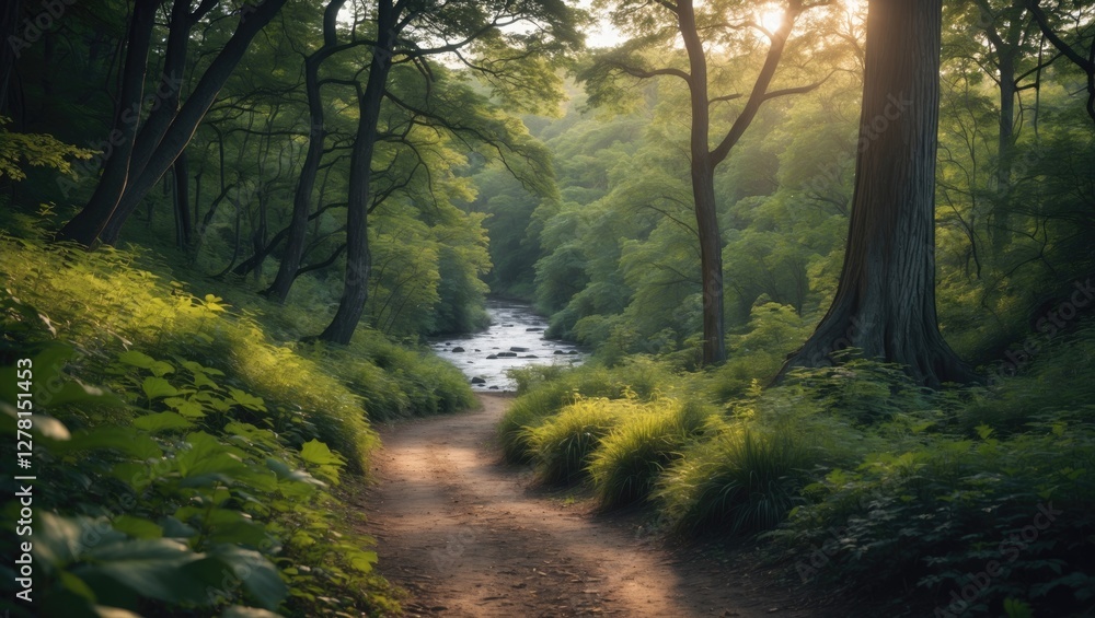 Poster pathway through a lush green forest with sunlight filtering through trees and a river in the backgro