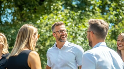 Team building fun: coworkers laughing outdoors