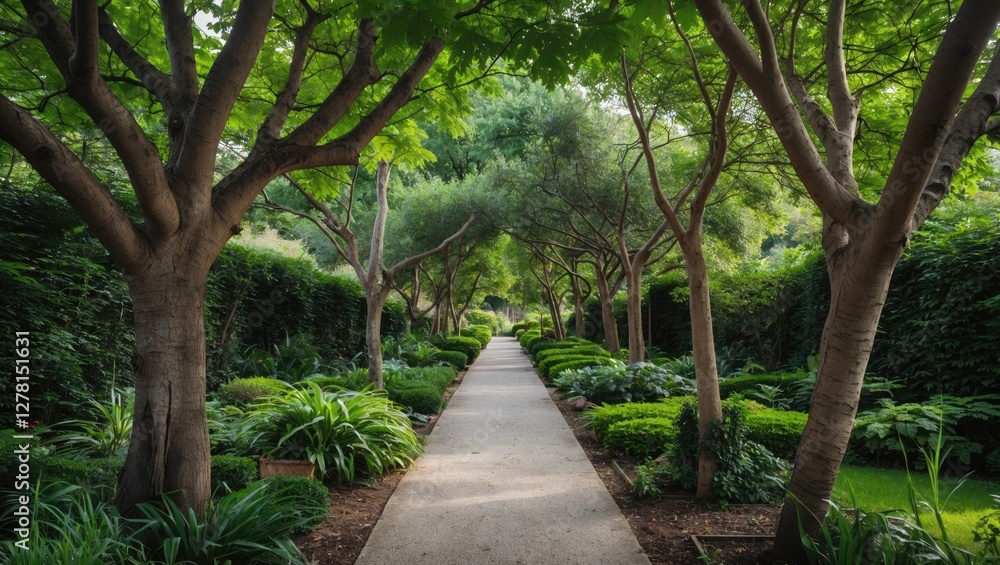 Poster lush garden pathway surrounded by greenery and trees creating a natural serene environment for relax