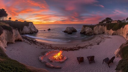 Colorful Sunset Over Beach with Bonfire and Waves