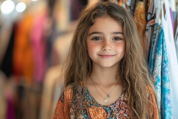 Naklejka premium Young girl with long hair smiles brightly while standing near clothing racks in a vibrant boutique setting