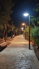 Obraz premium Serene illuminated park pathway at night with inviting benches and glowing streetlights casting warm light on stone pavement