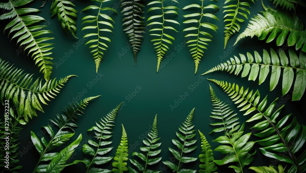 Poster various green ferns arranged on a dark green background creating a natural pattern and texture in bo