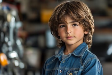 Young boy with wavy hair wearing denim jacket poses confidently in a workshop setting with soft lighting