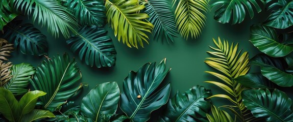 Fototapeta premium Tropical leaves arranged on a green background creating a lush and vibrant natural pattern in a flat lay style
