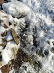 Fototapeta premium ice and snow on the ground in winter, closeup of photo
