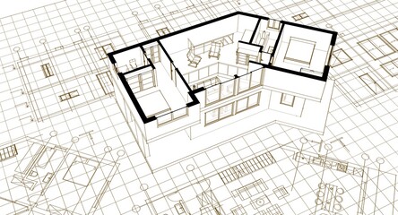 residential architecture house plan 3d illustration