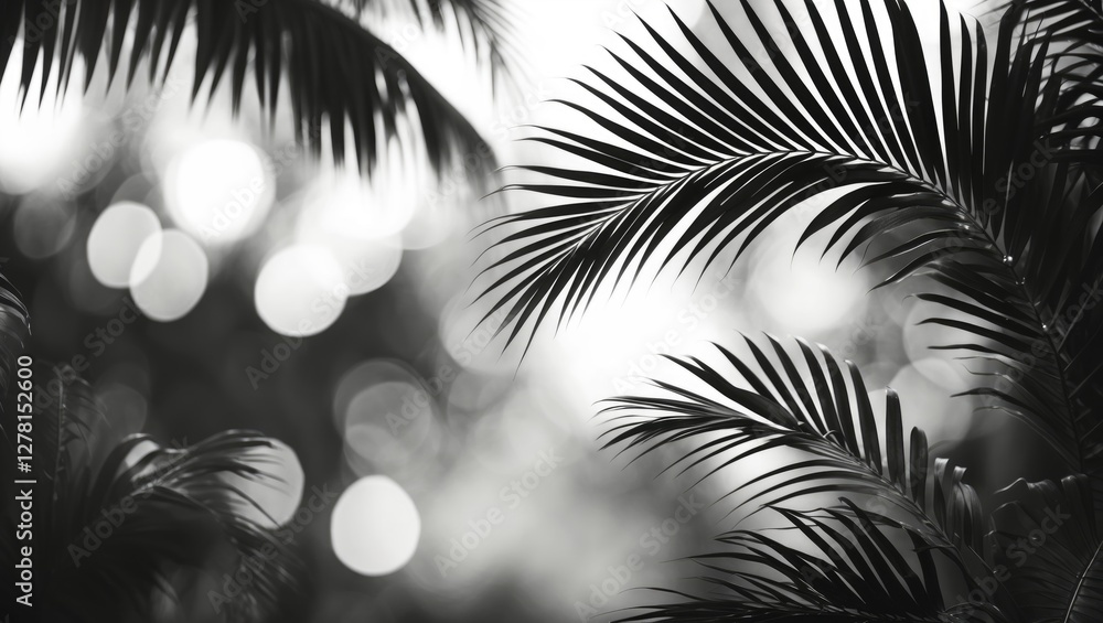 Poster black and white image of palm leaves with soft bokeh background creating an abstract tropical enviro