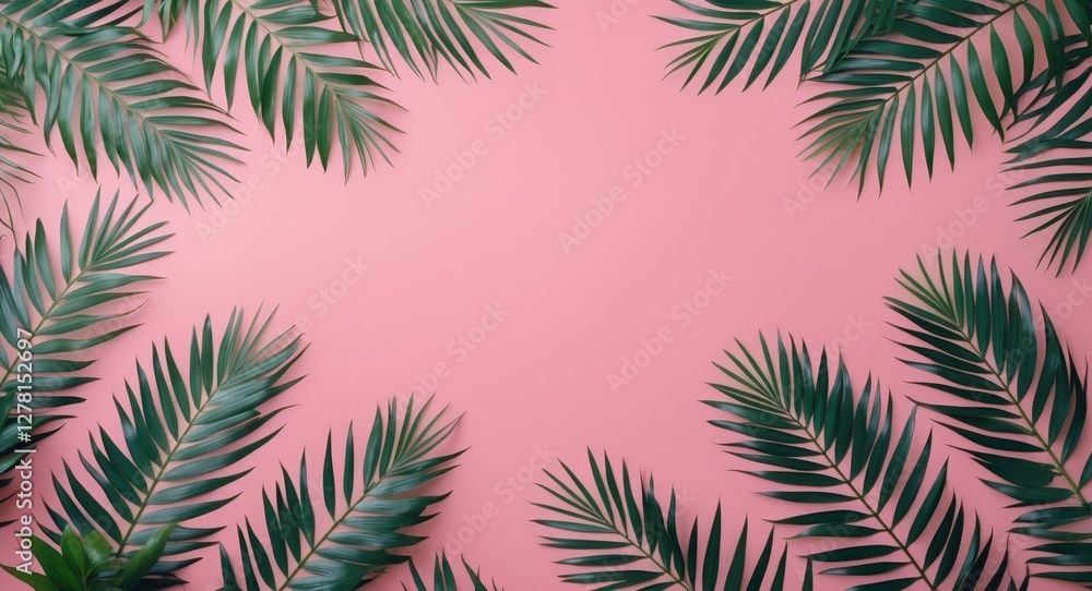 Poster green palm leaves arranged on a pink background creating a tropical border design with empty central