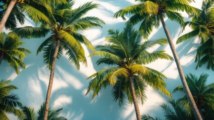 Tropical palm trees against a bright blue sky with shadows creating a vibrant natural scene in a sunny setting