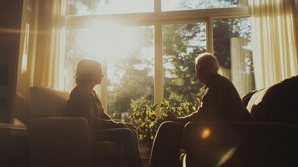 Elder abuse awareness raised by a concerned caregiver and senior in a bright room. Featuring safety and care