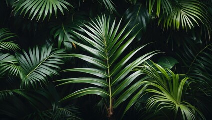 Tropical green palm leaves background with varying shapes and sizes in natural setting