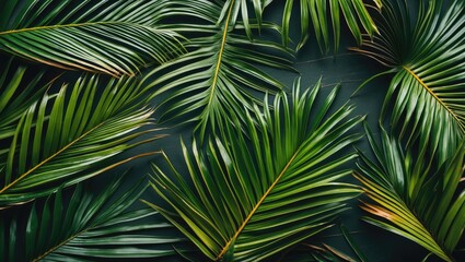 Tropical green palm leaves arranged flat on dark background for natural texture and botanical design elements