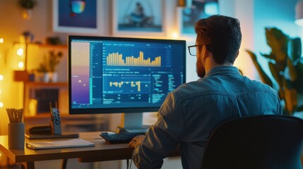 influencer sit at the desk, focusing on the computer screen that shows the analysis and statistics of modern advertising income.