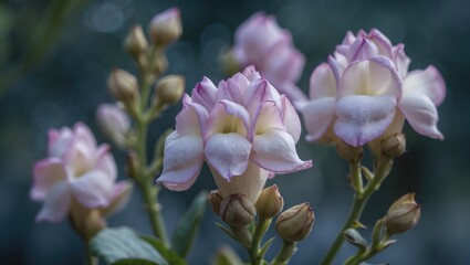 Obraz premium pink and white flowers with buds on green background close-up shot of floral details