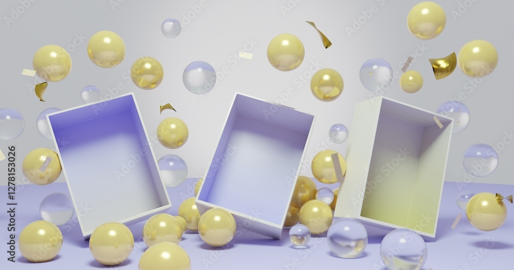 Poster fun and colorful 3d rectangular open box mock up template design with floating colorful gold and pla