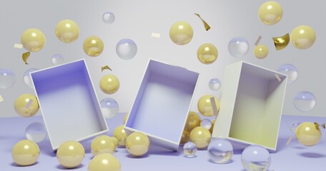 Fun and colorful 3d rectangular open box mock up template design with floating colorful gold and plastic balloons in pink and blue interior studio. Cute product showcase scene.  