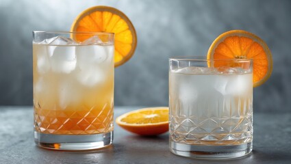 glasses of refreshing cocktails with ice and orange slices on a gray background