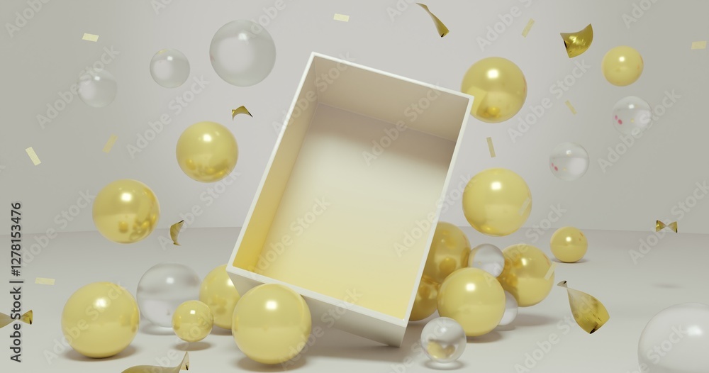 Aufkleber elegant 3d open box mockup scene design with shiny gold and clear geometric sphere decorations in pi