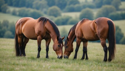 Fototapeta premium Two brown horses grazing peacefully in a lush green field with a distant forest backdrop under a clear sky