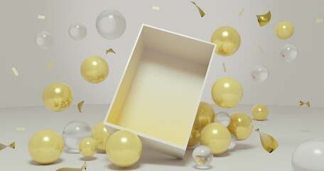 Elegant 3d Open box mockup scene design with shiny gold and clear geometric sphere decorations in pink interior studio. Front view and close up shot of an four-sided rectangle box tilted to the side.