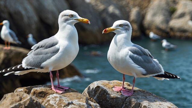 Two seagulls standing on rocks by the water with blurred background of additional seagulls and rocky shoreline in coastal environment - Powered by Adobe