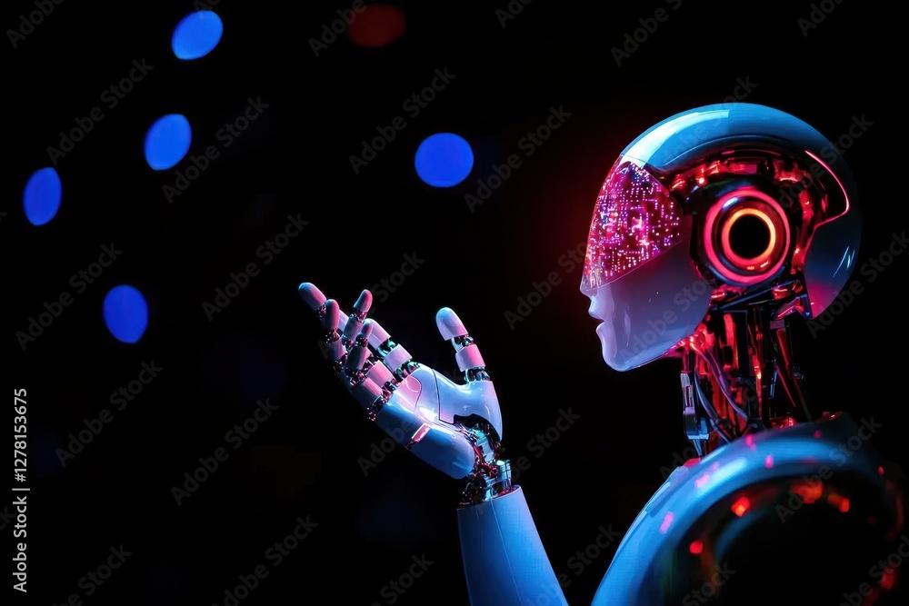 Poster a futuristic robot with a glowing head and intricate patterns extends its arm, surrounded by vibrant