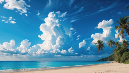 Tropical beach with clear blue ocean and white clouds under bright sky surrounded by green palm trees on sandy shore