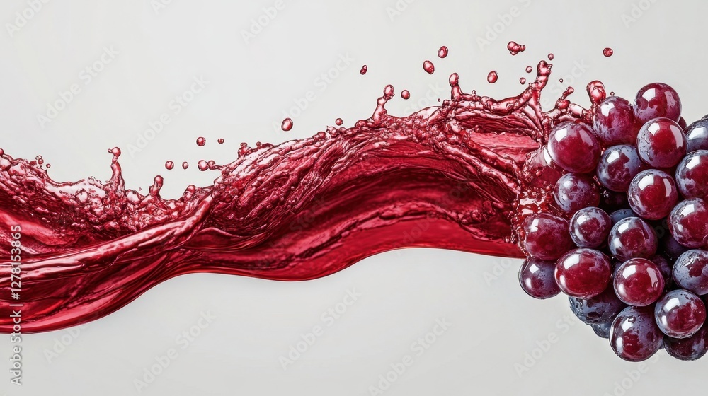 Poster Captivating splash of red wine cascading around ripe grapes creating a dynamic and refreshing visual perfect for wine promotions and culinary themes