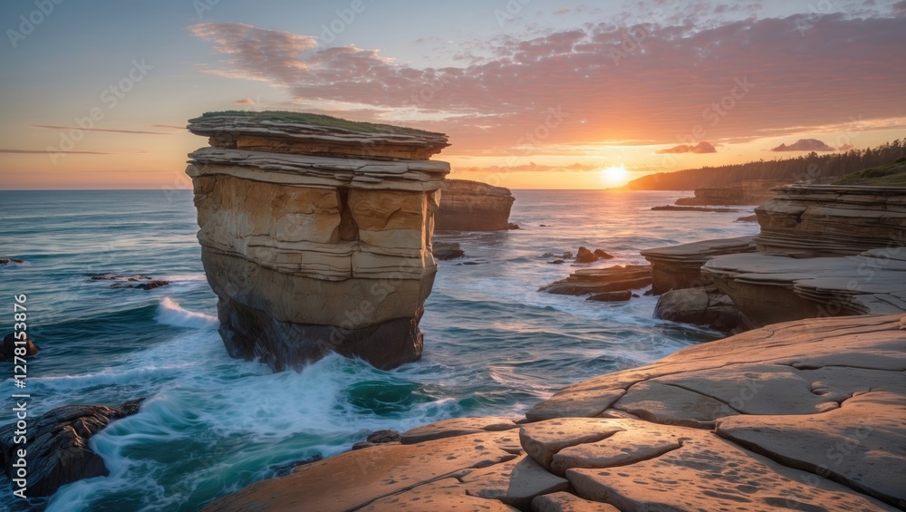 Poster coastal landscape with rock formations and sunset over the ocean waves creating a scenic view with c