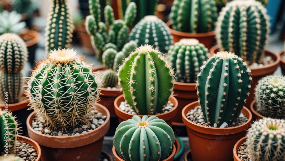 Poster assorted cacti in terracotta pots featuring various shapes and sizes with distinct spines and textur