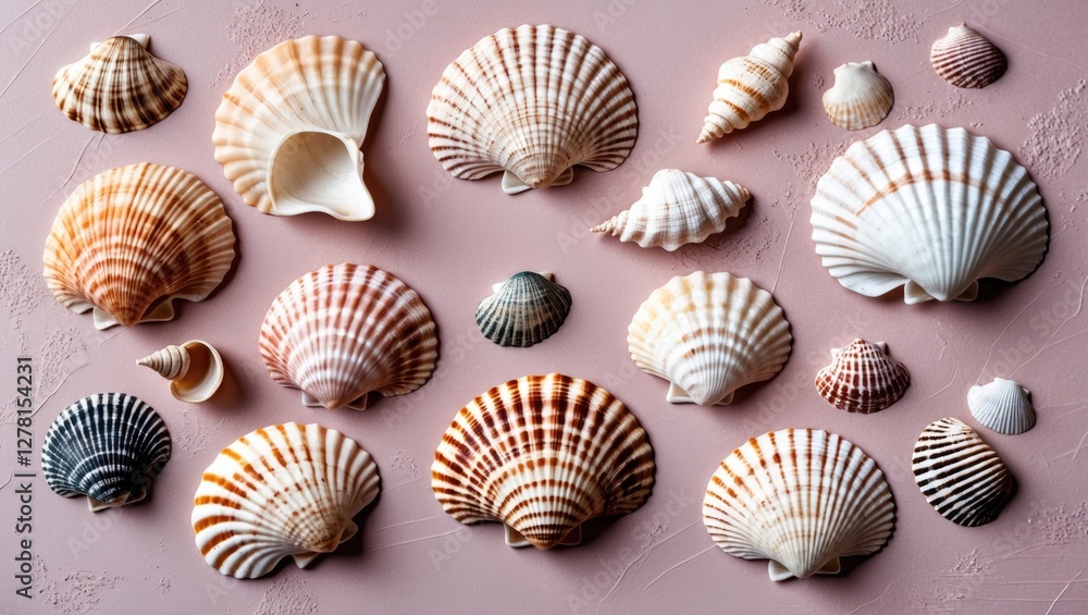 Poster collection of assorted seashells displayed on a textured pastel background showcasing various shapes