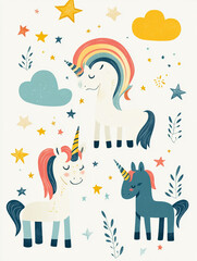 Colorful unicorns surrounded by stars and clouds