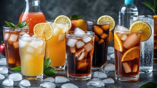 Assorted iced beverages in glasses with lemon and mint, featuring soft drinks and juices on a marble surface.