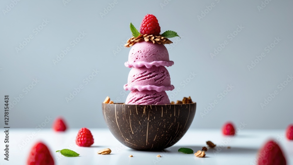 Poster raspberry ice cream stacked in a coconut shell bowl garnished with almonds and fresh raspberries on 