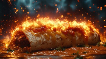 Naklejka premium Flaming Burrito Fiery Mexican Food Photography