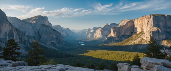 Panoramic view of Yosemite Valley with granite cliffs and lush green forest under a clear blue sky and scattered clouds