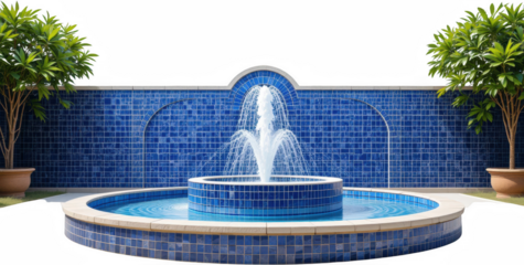 Serene Blue Tiled Fountain with Lush Greenery in a Relaxing Outdoor Setting