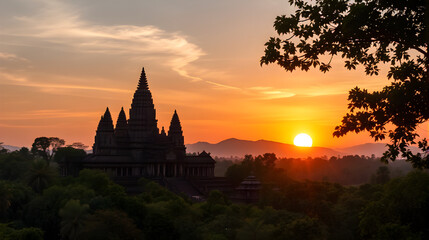 Sunset Over an Ancient Temple Surrounded by Jungle