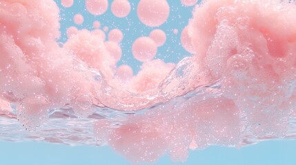 Fototapeta premium Sparkling Pink Foam and Bubbles Floating in Clear Water Against a Blue Sky Background