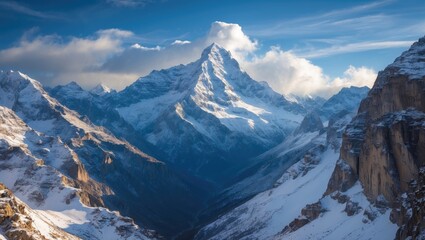 Majestic snow-capped mountains under a blue sky with clouds and deep valleys captured in high-resolution landscape photography.