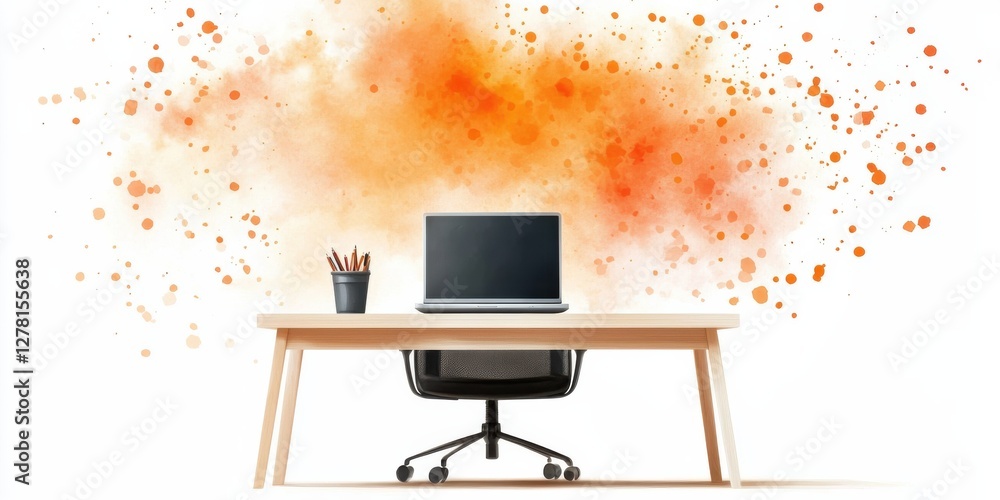 Aufkleber a minimalist workspace featuring a laptop on a desk, complemented by colorful splashes in the backgr