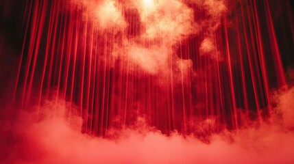 Dramatic red velvet stage curtains with ethereal smoke creating a captivating theatrical atmosphere evoking mystery and anticipation for a grand performance