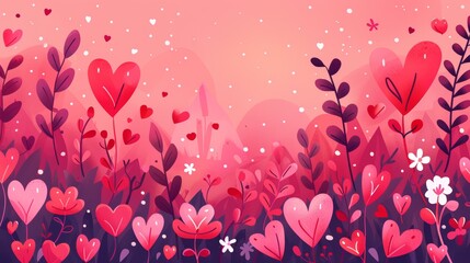 Obraz premium Heart-shaped flowers, soft pink sunset, romantic forest. Background of hearts & mountains. Romantic banner design