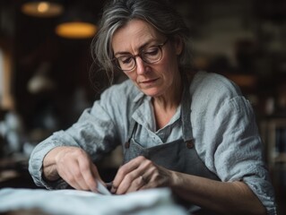 A seamstress deeply focused on her work in a workshop 